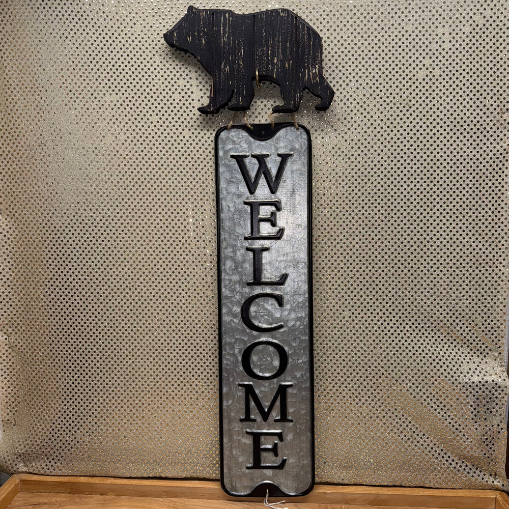Wood Bear and Metal Welcome Sign