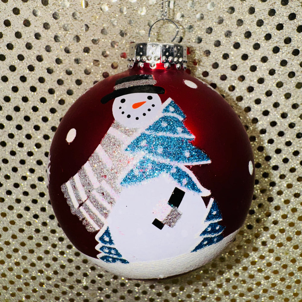 Red Ball Ornament with Snowman