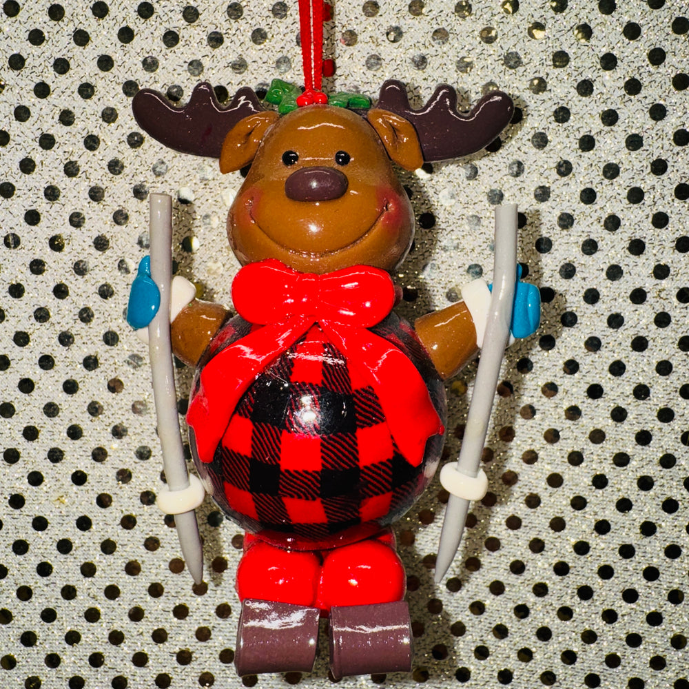 Moose on Skis Buffalo Plaid Ornament