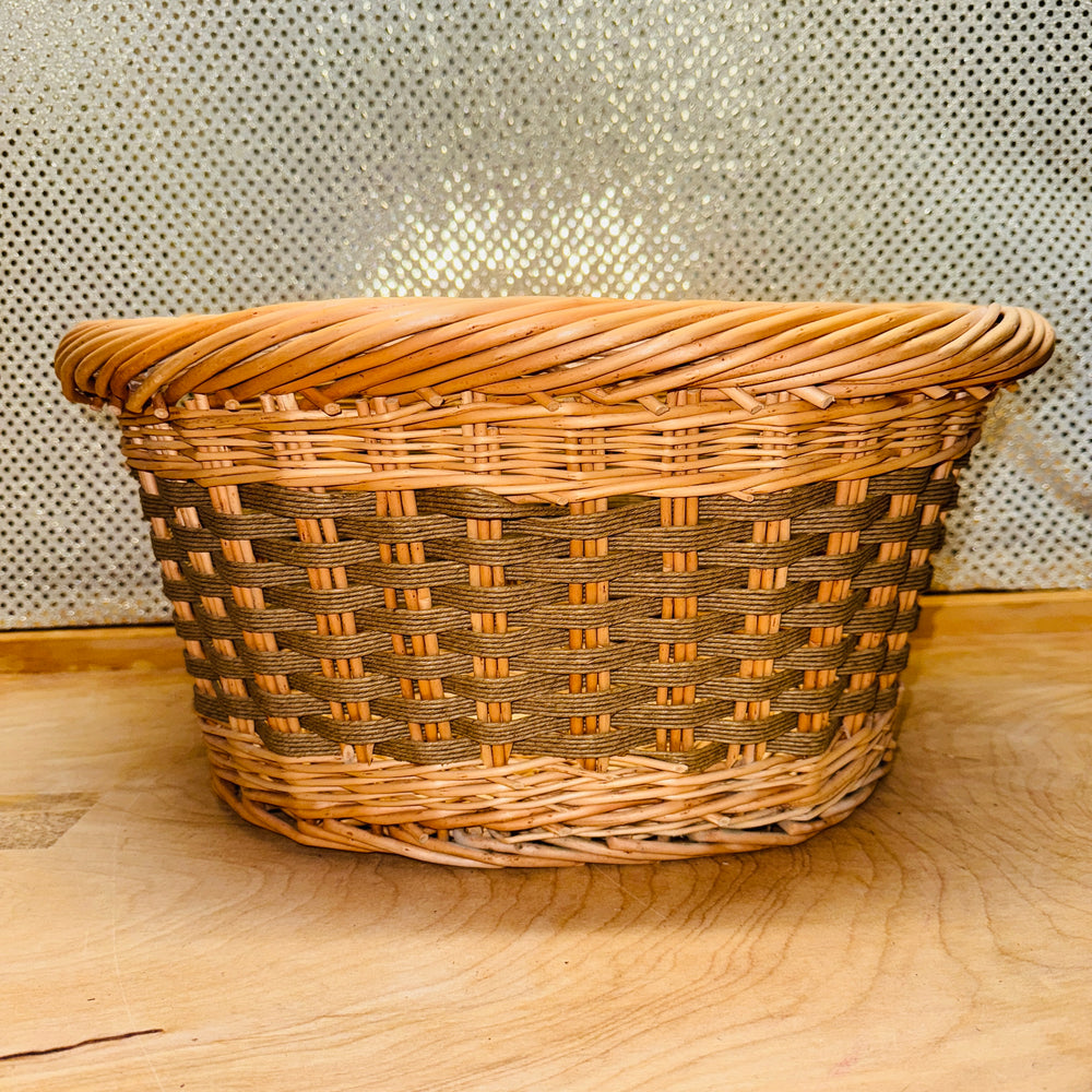 Tall Oval Wicker Basket with Tan Rope Accents