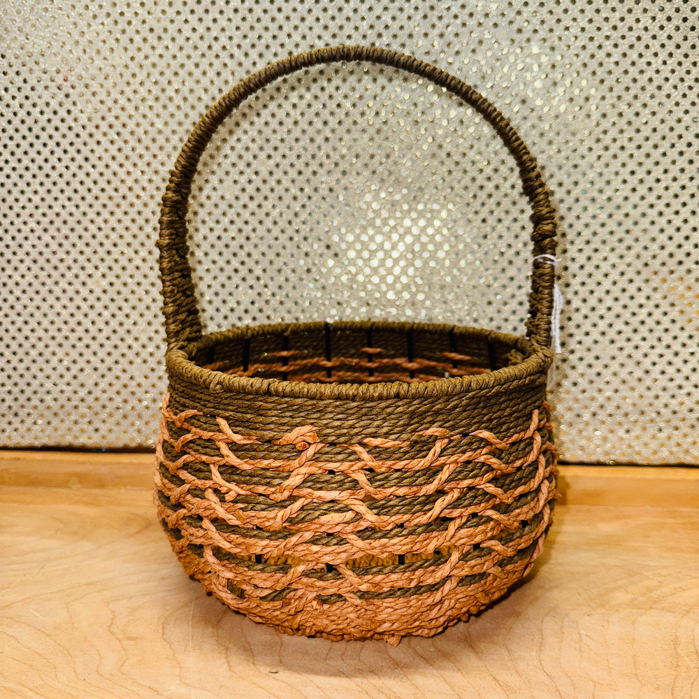 Round Olive Green and Tan Basket