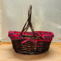 Plaid Fabric Lined Oval Willow Handled Basket