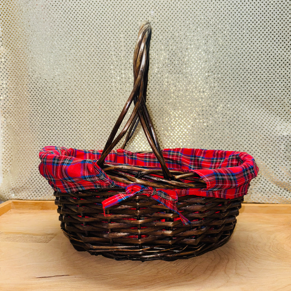 Plaid Fabric Lined Oval Willow Handled Basket