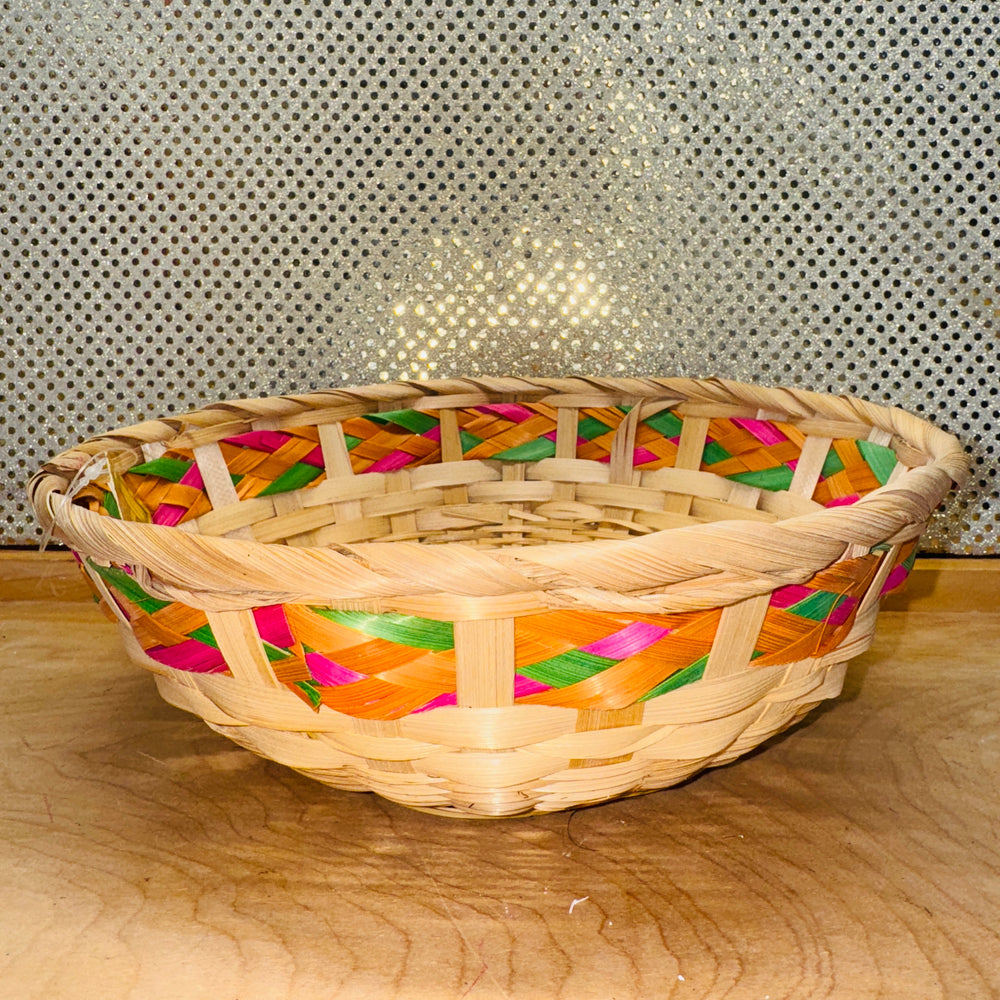 Tri-color Braid Round Bamboo Basket 10.5