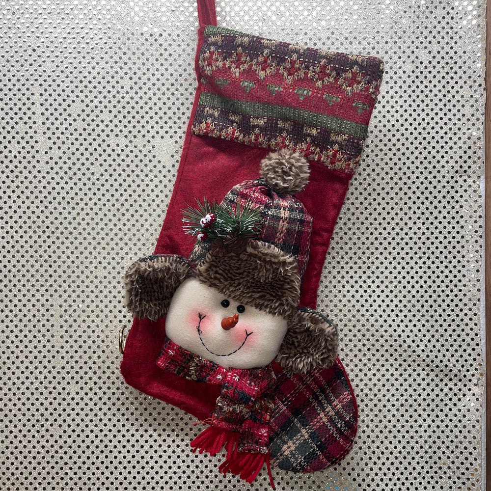 Plaid Snowman Stocking-Red