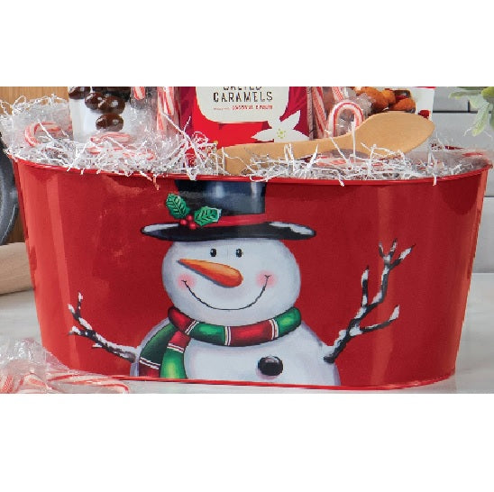 Red Snowman Tin Oval Planter Holiday Gift Basket
