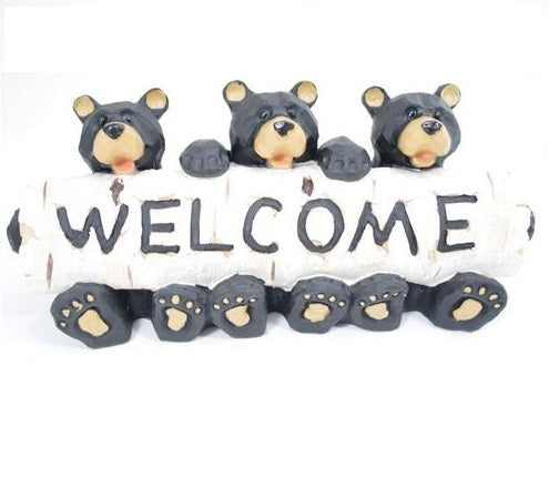 Three Sitting Bears with Birch Log Welcome