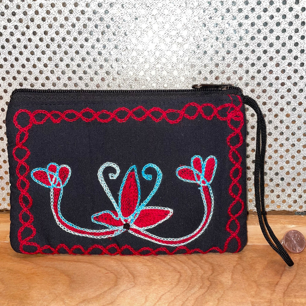 Embroidered Red/Blue Black Cotton Wristlet