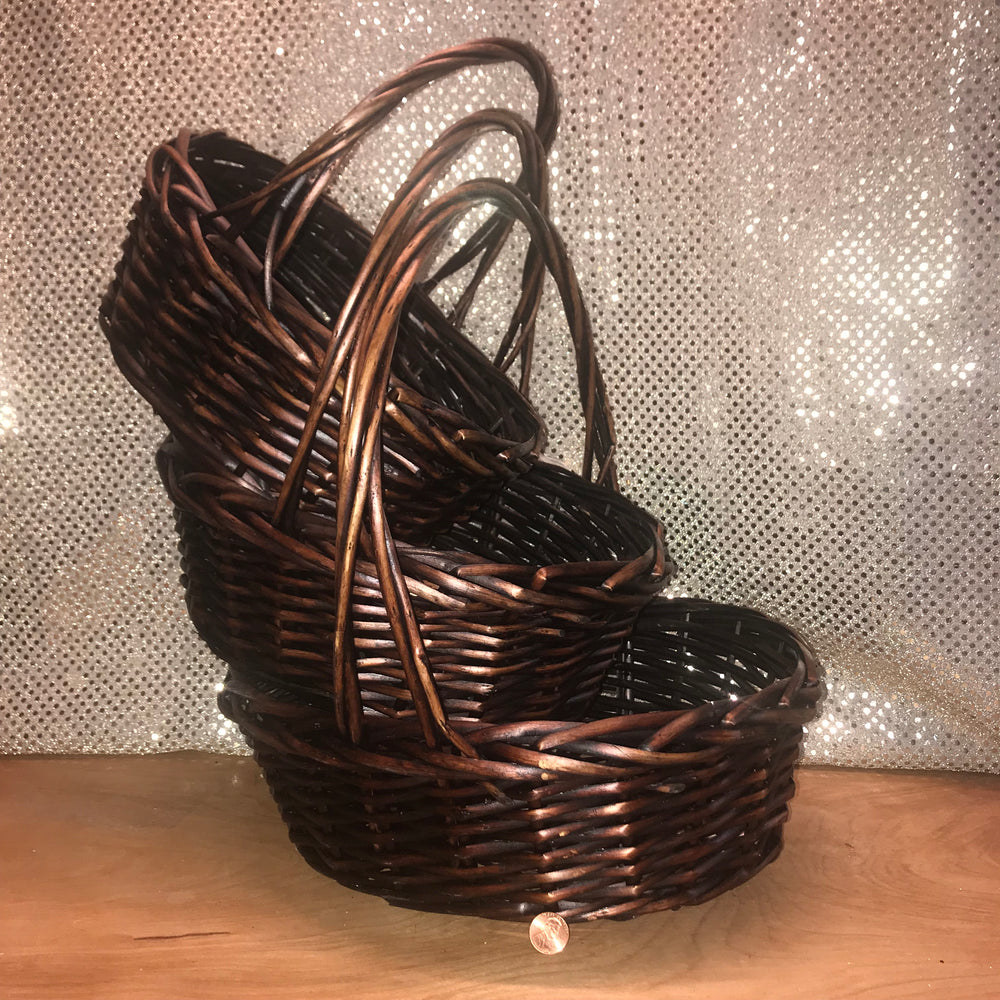 Dark Stained Oval Willow Handled Basket